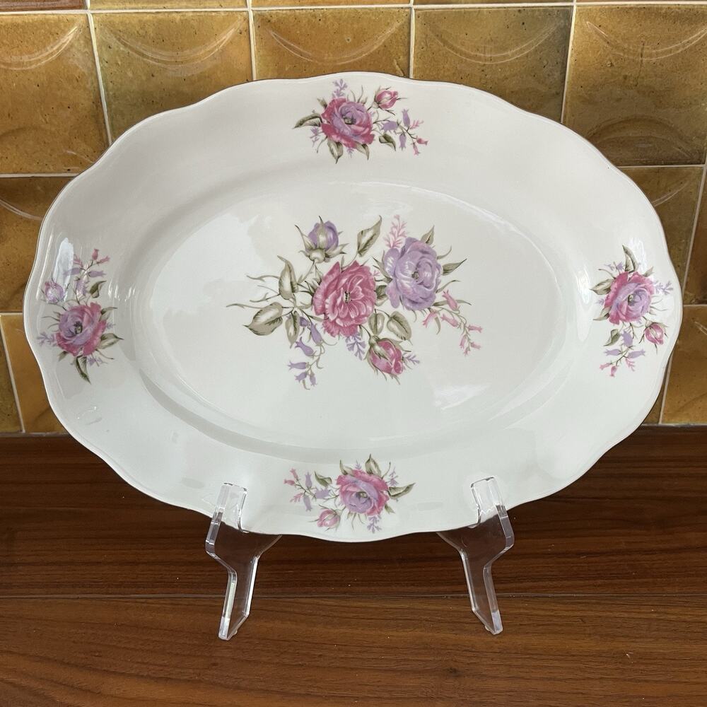 Favolina Floral Design Purple & Red Roses Scallop Edge Platter 13 1/4" by 9 1/2"